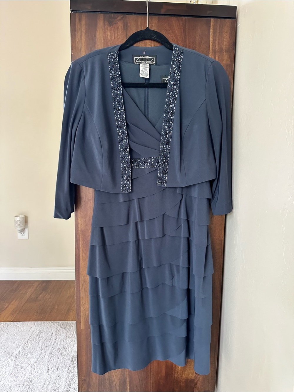 Alex Evenings Petite 2-Piece Beaded Jacket Dress Set Slate Blue Grey 6P